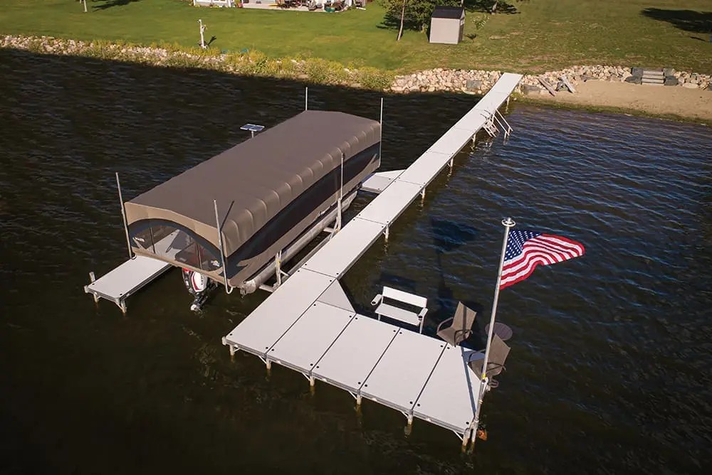 Aerial view of a FLOE dock system extending from a Michigan shoreline
