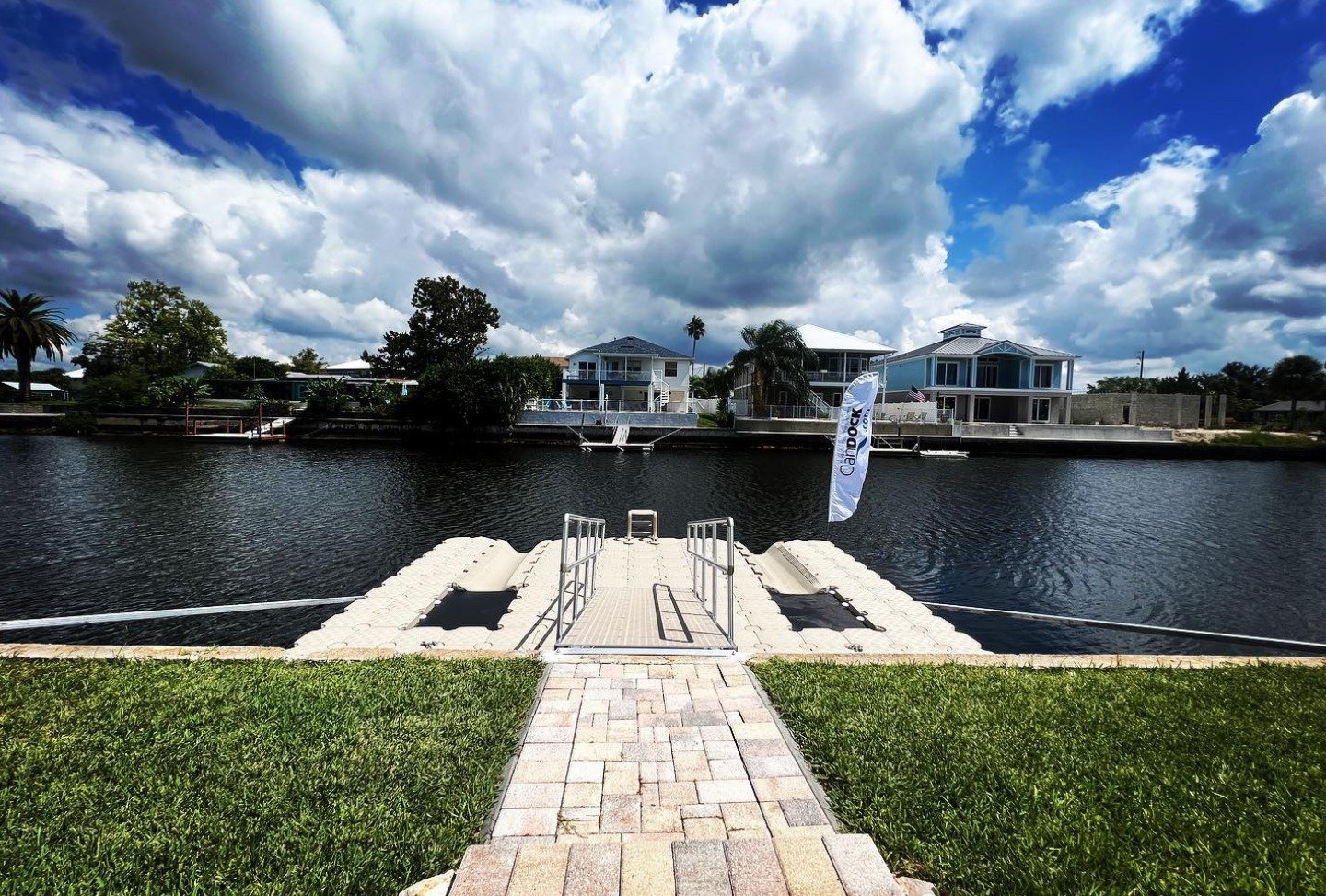 Modular floating dock system installed on a warm-weather coastal waterfront