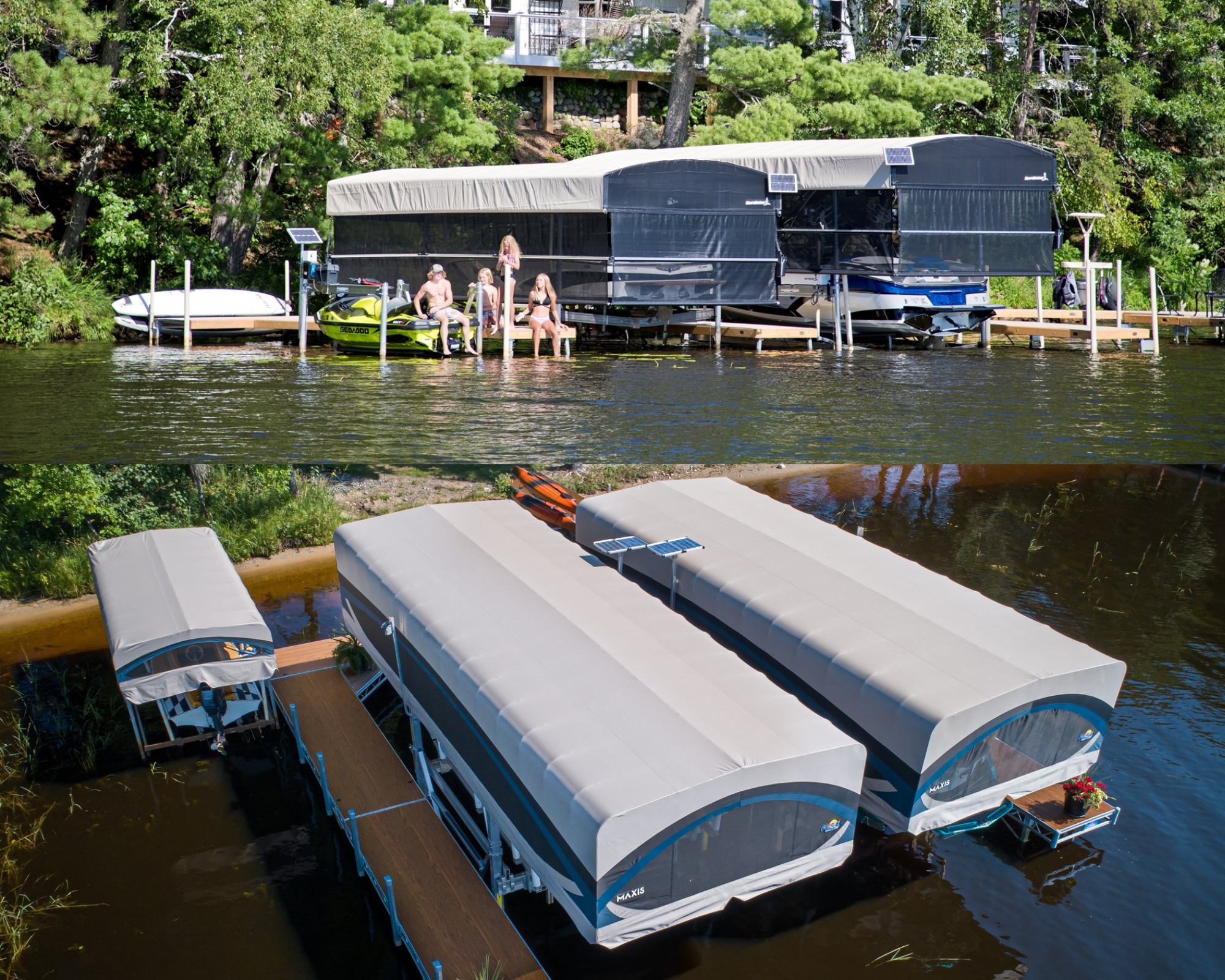 ShoreStation and FLOE boat lifts compared side by side on a Michigan lake
