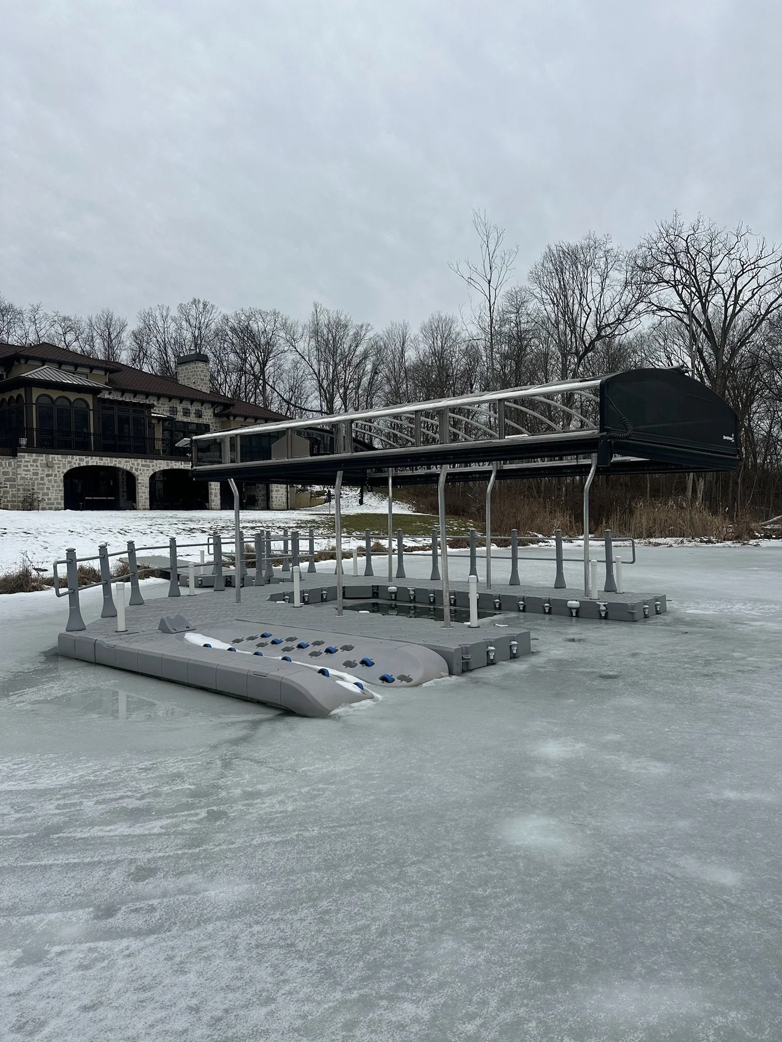 Dock sections and lift stored on shore for the Michigan winter