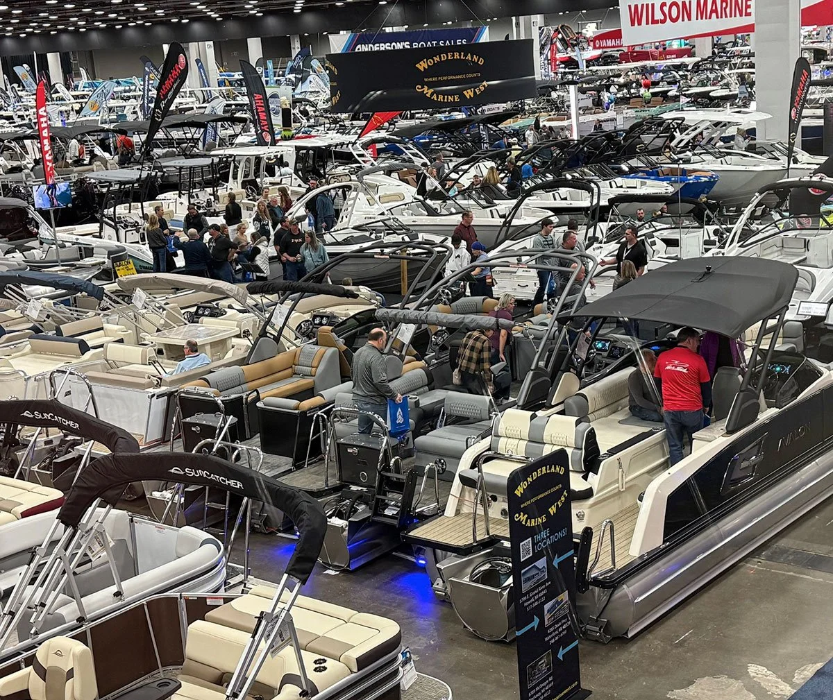 Dock and boat lift display set up at a boat show
