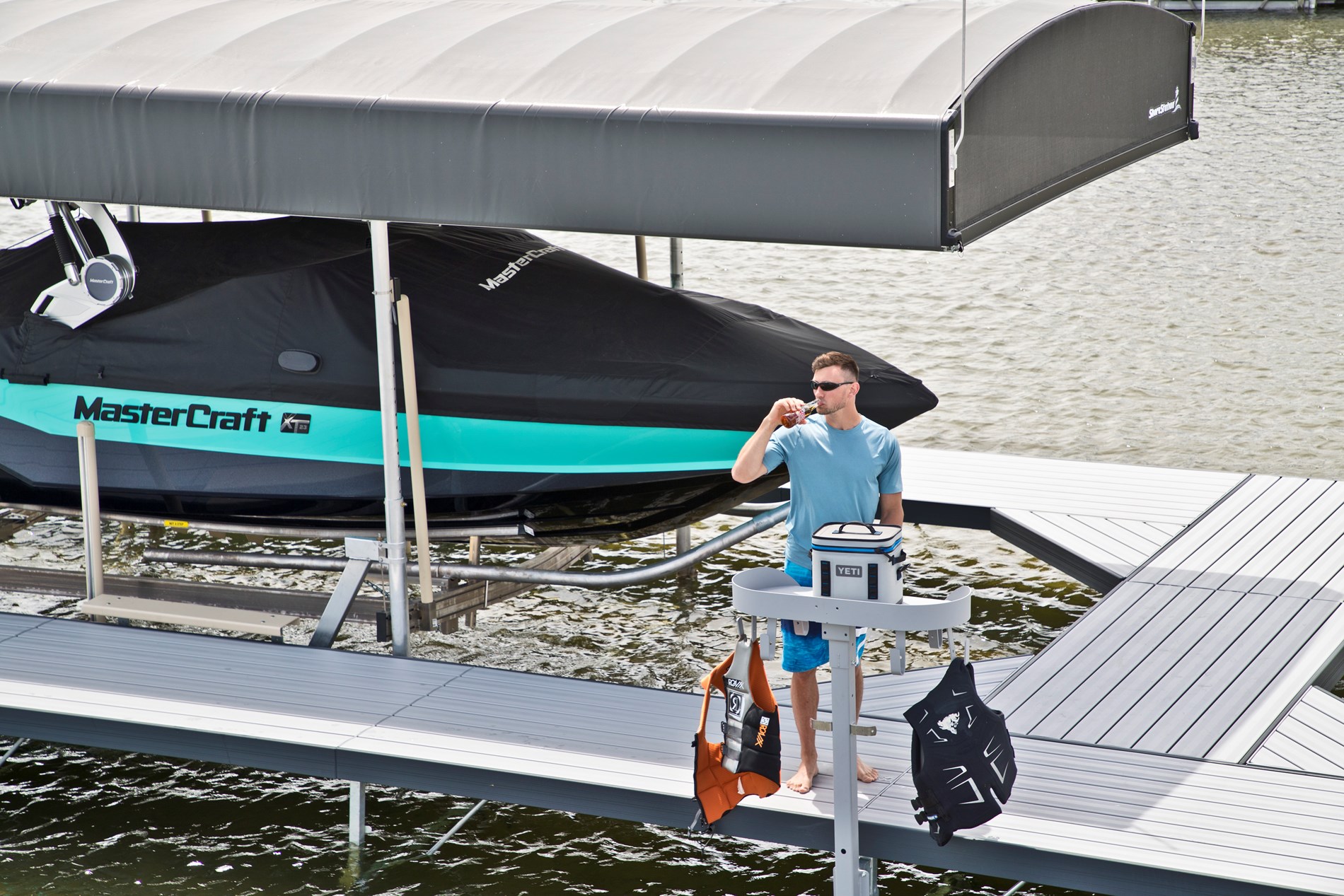 ShoreStation dock with waterfront accessories on a Michigan lake