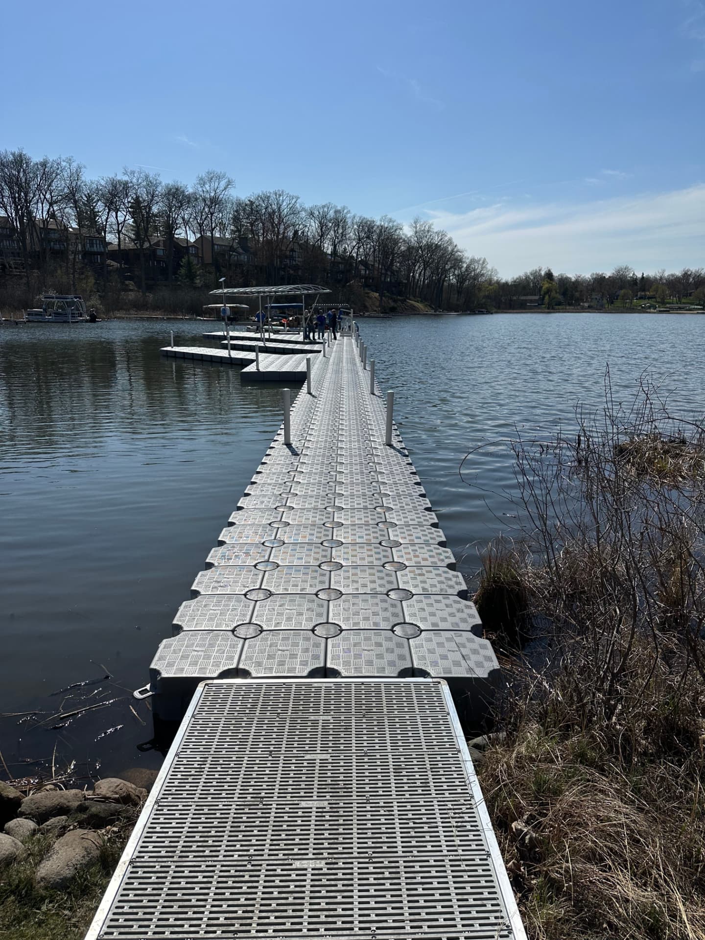 CanDock walkway and floating platform on a Michigan lake in early spring