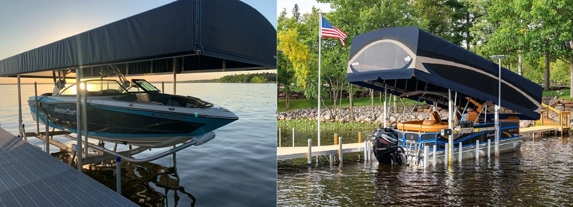 ShoreStation hydraulic boat lift and FLOE vertical lift installed on a Michigan lake